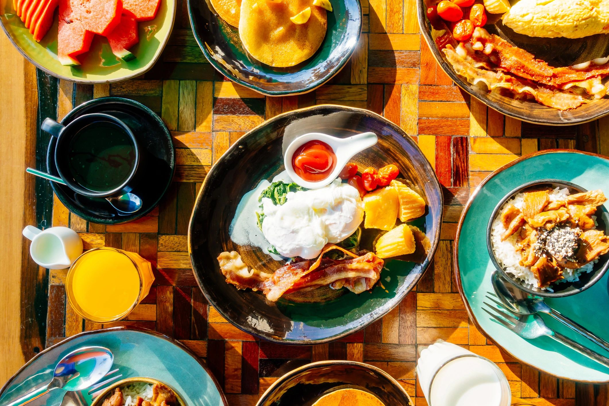 Breakfast spread with fresh ingredients