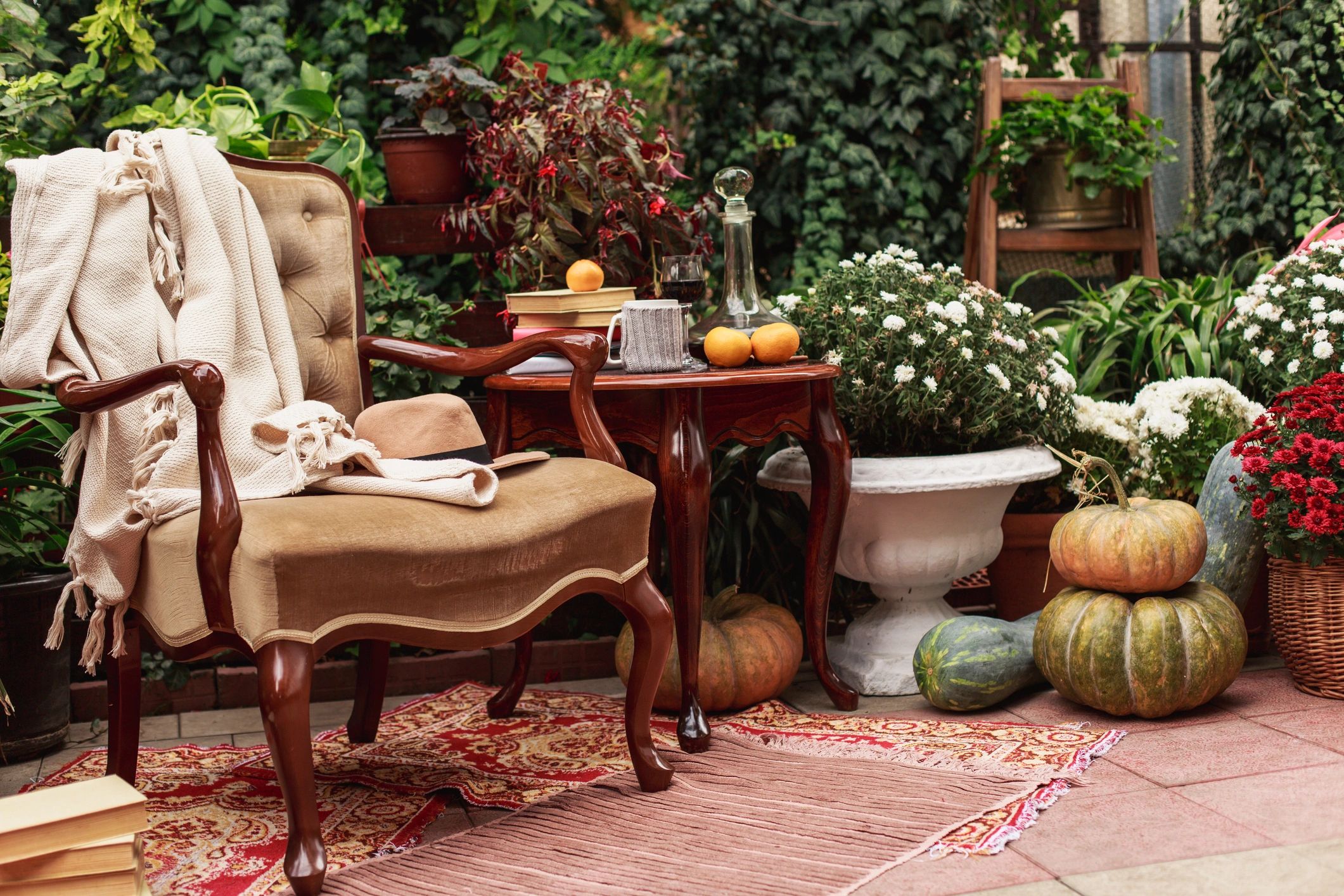 Cozy outdoor home corner with seasonal flowers