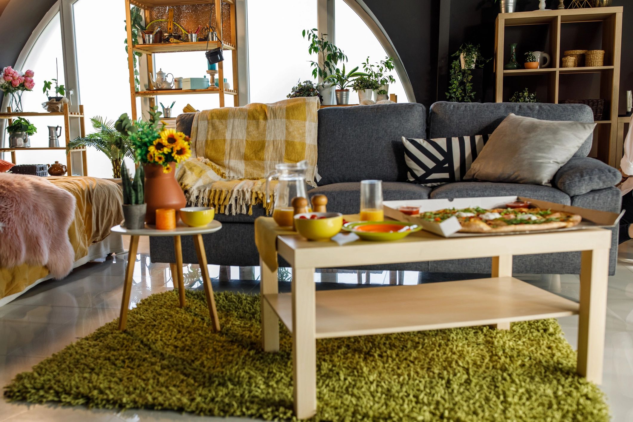 Cozy living space with a coffee table and shared meal